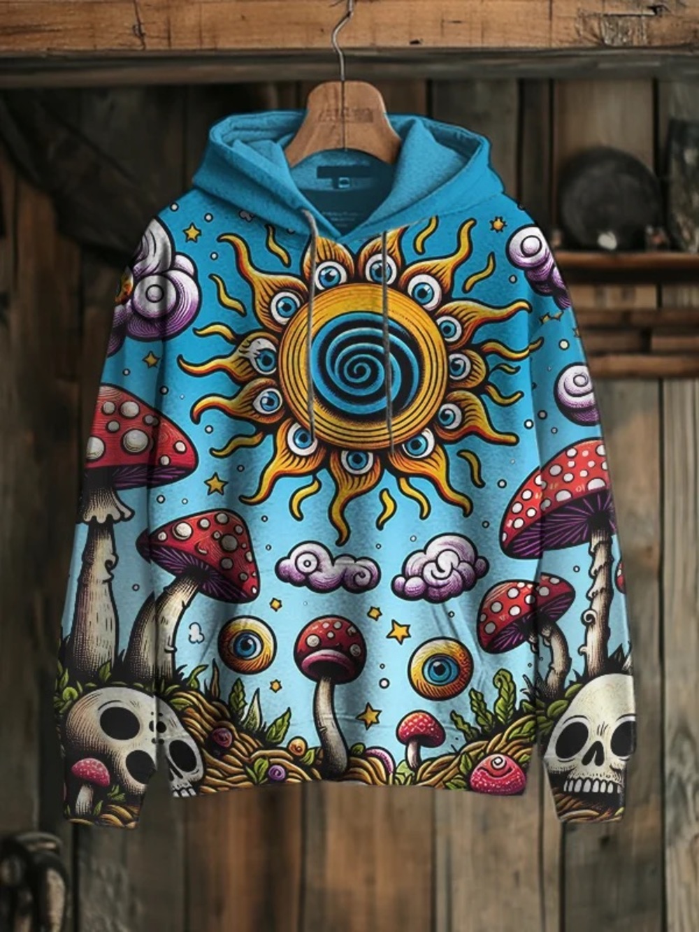 Men's Psychedelic Sun & Mushroom Hoodie Sweatshirt - Blue (Have 4 of these!NWT